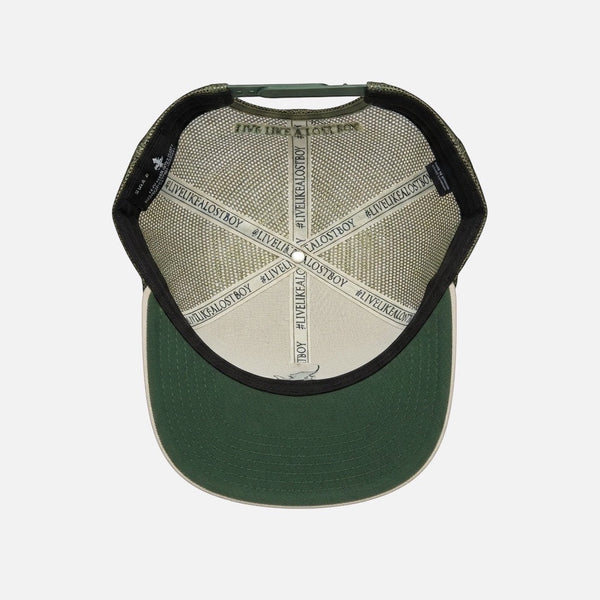 Forest Sand Dunes trucker hat interior view showing #LiveLikeALostBoy branded sweatband lining and forest green undervisor | Lost Boy Creations Key West