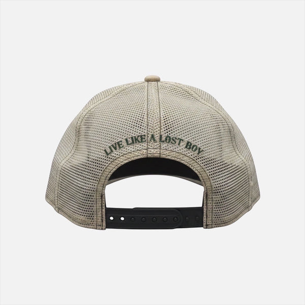 Forest Sand Dunes tan trucker hat back view showing Live Like a Lost Boy forest green embroidery on white mesh back and adjustable snapback closure | Lost Boy Creations Key West
