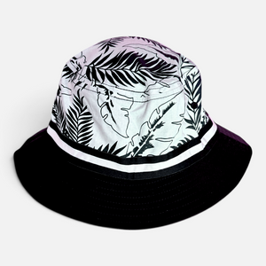 Under Cover Bucket Hat in Black/White — crown detail, black-and-white tropical leaf print with solid black brim | Lost Boy Creations Key West