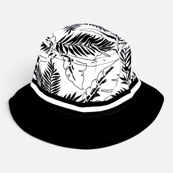Under Cover Bucket Hat in Black/White — crown detail, black-and-white tropical leaf print with solid black brim | Lost Boy Creations Key West
