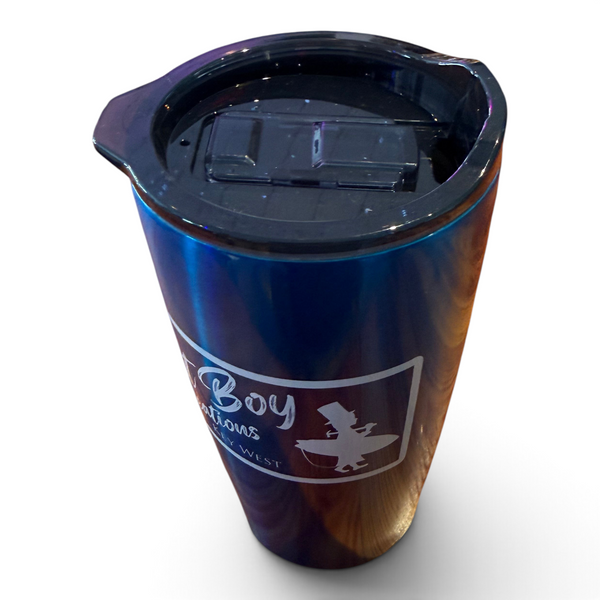 LBC 20oz Himalayan Tumbler in Blue — tumbler, metallic-blue finish, black lid, white logo | Lost Boy Creations Key West