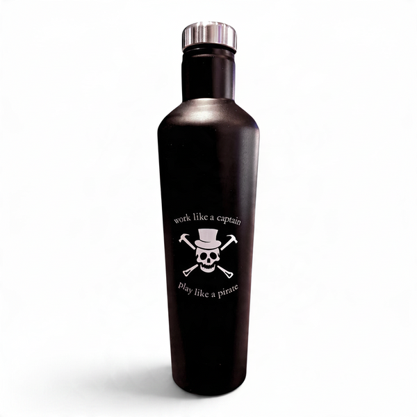 LBC Captain's Bottle in Black/White — front upright view, white skull and crossed tools graphic with Work Like A Captain, Play Like A Pirate slogan | Lost Boy Creations Key West