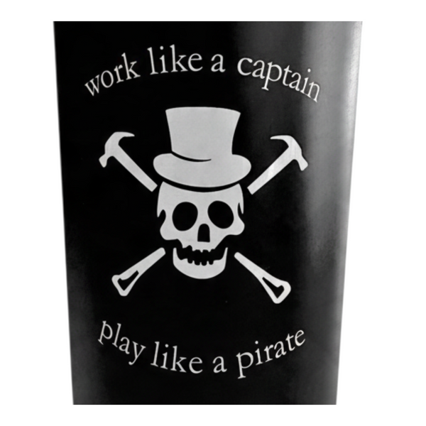 LBC Captain's Bottle in Black/White — logo close-up, white top-hat skull and crossed tools with Work Like A Captain, Play Like A Pirate slogan | Lost Boy Creations Key West