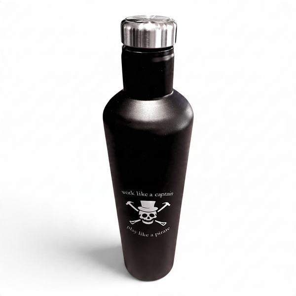 LBC Captain's Bottle in Black/White — elevated front view, white skull and crossed tools graphic with Work Like A Captain, Play Like A Pirate slogan | Lost Boy Creations Key West