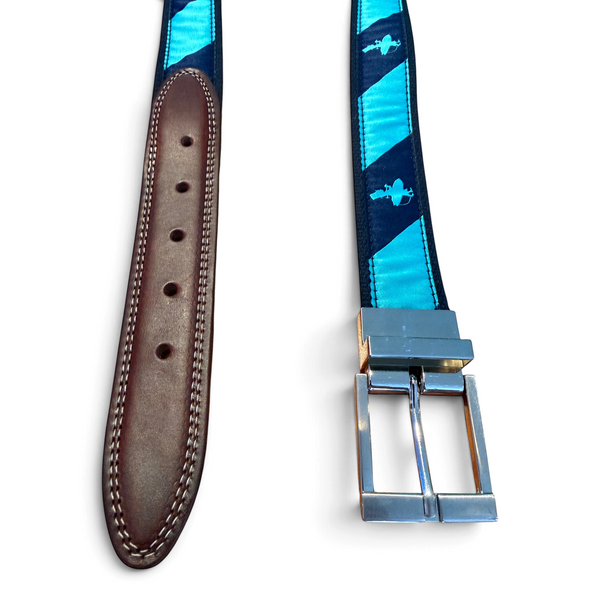 LBC Cut Away Belt in Navy/Aqua — close up product view, striped strap with leather tip and silver buckle | Lost Boy Creations Key West