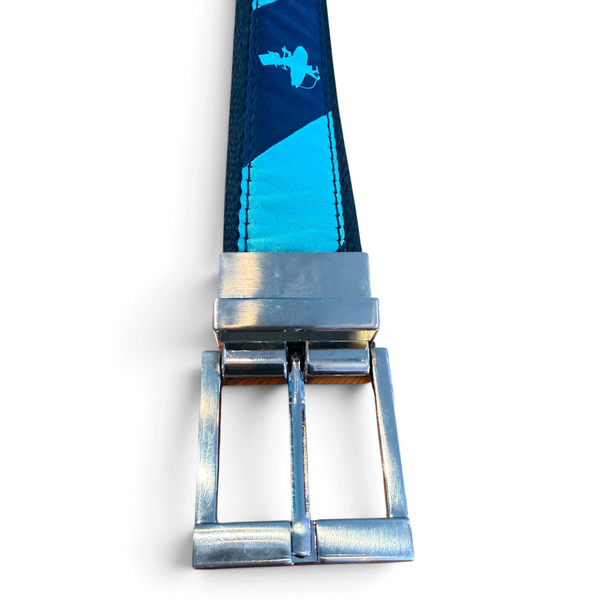 LBC Cut Away Belt in Navy/Aqua — buckle detail, geometric-patterned strap and polished silver buckle | Lost Boy Creations Key West