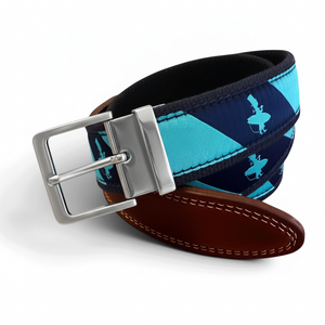 LBC Cut Away Belt in Navy/Aqua — product view, diamond pattern with surfer motifs and leather tip | Lost Boy Creations Key West