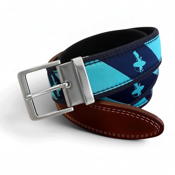 LBC Cut Away Belt in Navy/Aqua — product view, diamond pattern with surfer motifs and leather tip | Lost Boy Creations Key West