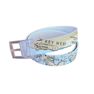 Lost Boy Creations waterproof PVC belt curled close up showing Key West text on nautical chart PVC print | Lost Boy Creations Key West