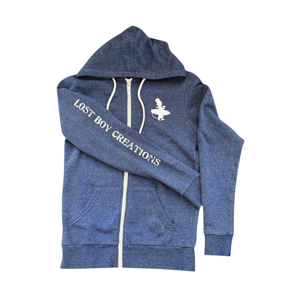 Men's LBC Zip Up Hoodie in Navy — front flat lay, zipped up, LBC silhouette logo on left chest and Lost Boy Creations text down the right sleeve | Lost Boy Creations Key West