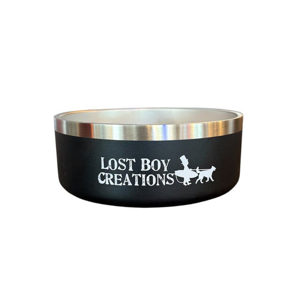 Black dog bowl with 'Lost Boy Creations' logo 