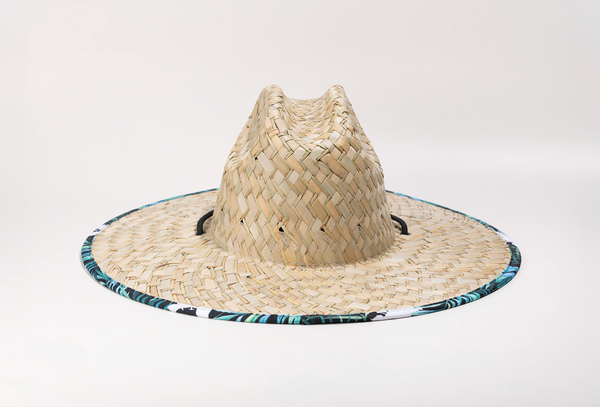 Lost Boy Straw Hat teal colorway flat back view with black chin strap | Lost Boy Creations Key West