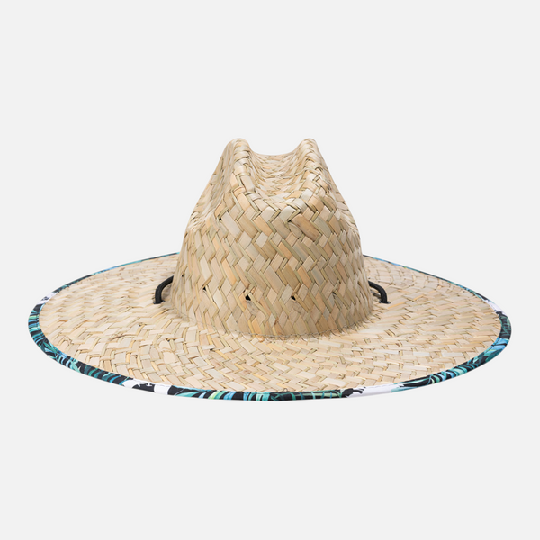 Straw Hat in Blue Palm — back view with wide brim and black chin strap | Lost Boy Creations Key West
