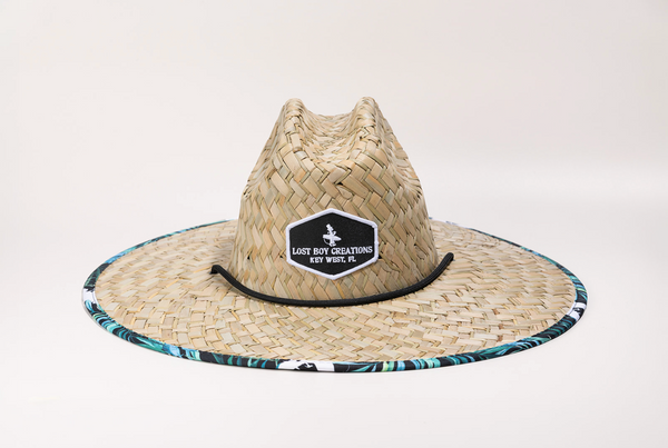 Lost Boy Straw Hat teal colorway flat front view with Lost Boy Creations patch and black chin strap | Lost Boy Creations Key West