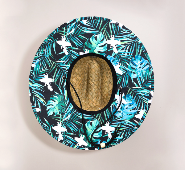Lost Boy Straw Hat teal colorway underside view showing tropical palm tree and LBC logo illustrated pattern on underbrim | Lost Boy Creations Key West