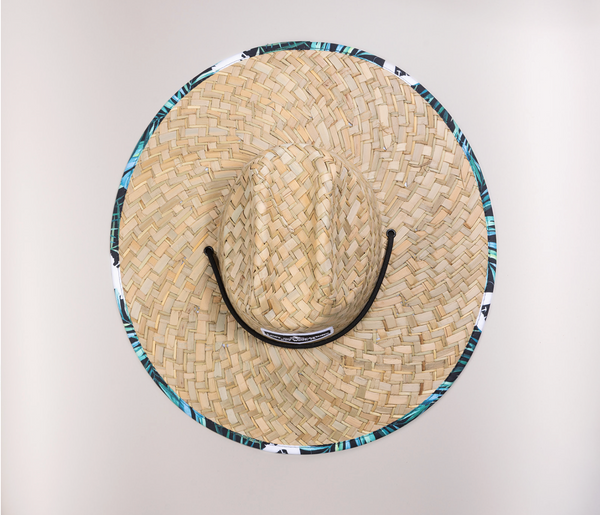 Lost Boy Straw Hat teal colorway overhead view showing full hat with patterned edge stitching and tropical palm tree LBC logo underbrim design | Lost Boy Creations Key West