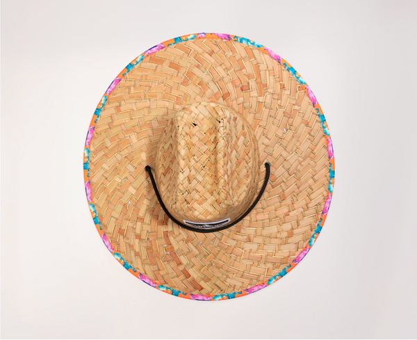 Lost Boy Straw Hat orange colorway overhead view showing full hat with patterned edge stitching and pirate conch shell LBC logo underbrim design | Lost Boy Creations Key West