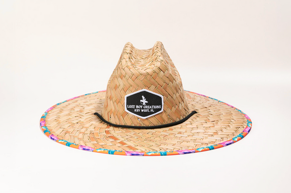 Lost Boy Straw Hat orange colorway flat front view with Lost Boy Creations patch and black chin strap | Lost Boy Creations Key West