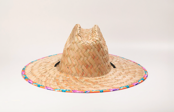 Lost Boy Straw Hat orange colorway flat back view with black chin strap | Lost Boy Creations Key West
