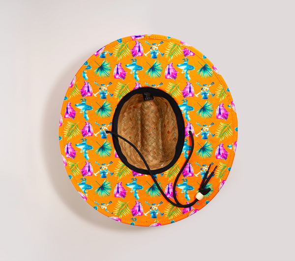 Lost Boy Straw Hat orange colorway underside view showing pirate conch shell and LBC logo illustrated pattern on underbrim | Lost Boy Creations Key West