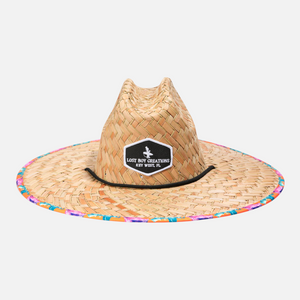 Straw Hat in Conch Orange — front view, Lost Boy Creations patch and black chin strap | Lost Boy Creations Key West