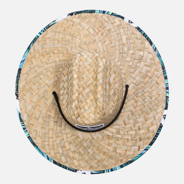 Straw Hat in Blue Palm — overhead view, patterned edge stitching and tropical palm-print underbrim | Lost Boy Creations Key West