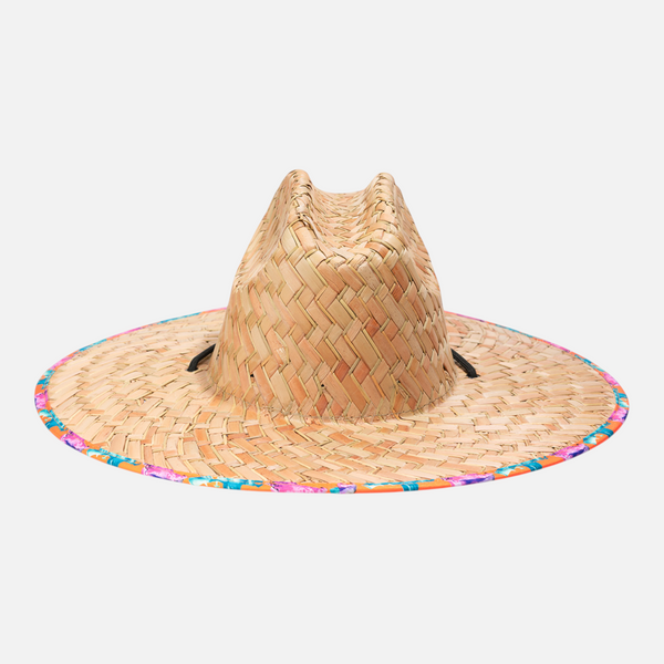 Straw Hat in Conch Orange — back view with wide brim and black chin strap | Lost Boy Creations Key West