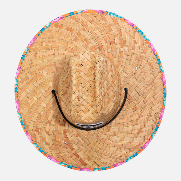 Straw Hat in Conch Orange — overhead view, patterned edge stitching and pirate conch-shell underbrim | Lost Boy Creations Key West