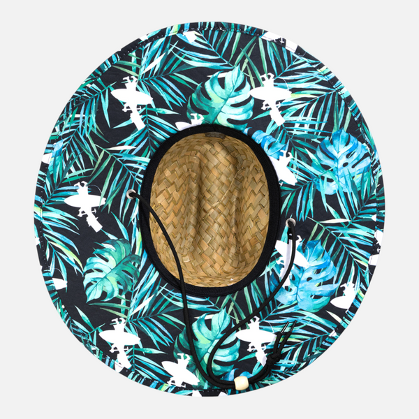 Straw Hat in Blue Palm — underside view, tropical palm trees and teal LBC logo on underbrim | Lost Boy Creations Key West