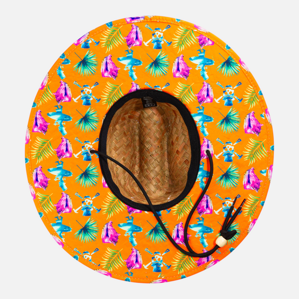 Straw Hat in Conch Orange — underside view, pirate conch shells and orange LBC logo on underbrim | Lost Boy Creations Key West
