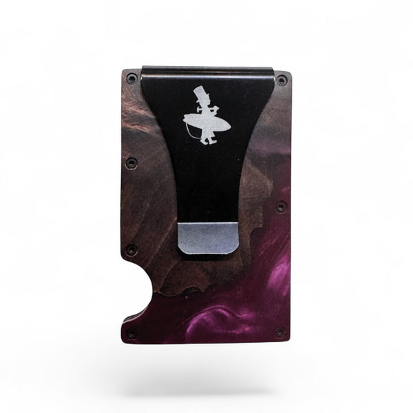Lost Boy Creations wood and epoxy cash clip card holder Purple colorway front view showing engraved Lost Boy silhouette logo | Lost Boy Creations Key West