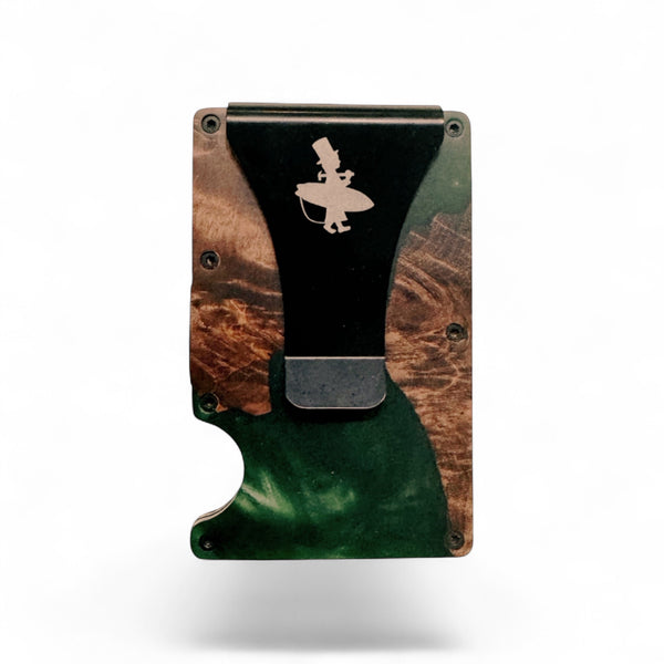 Lost Boy Creations wood and epoxy cash clip card holder Green colorway front view showing engraved Lost Boy silhouette logo | Lost Boy Creations Key West