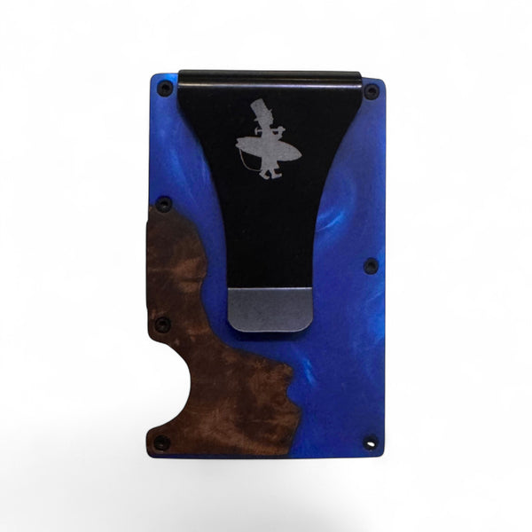 Lost Boy Creations wood and epoxy cash clip card holder Blue colorway front view showing engraved Lost Boy silhouette logo | Lost Boy Creations Key West