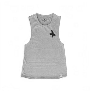 Women's Pirate Tank in Gray — front view, LBC silhouette graphic on left chest | Lost Boy Creations Key West