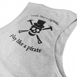 Women's Pirate Tank in Gray — close-up back detail, skull and crossbones graphic | Lost Boy Creations Key West