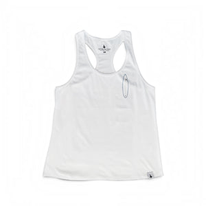 Women's Bronco Racerback Tank in White — front flat lay, black and white surfboard logo with blue accents | Lost Boy Creations Key West