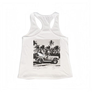 Women's Bronco Racerback Tank in White — back flat lay, black and white Bronco graphic with blue accent surfboard | Lost Boy Creations Key West