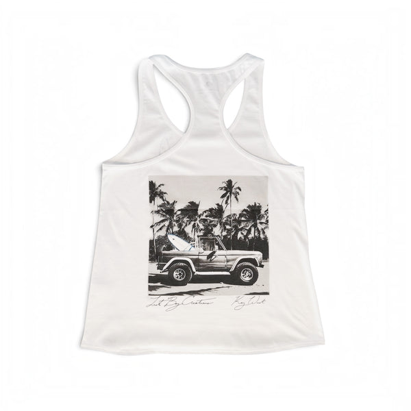 Women's Bronco Racerback Tank in White — back flat lay, black and white Bronco graphic with blue accent surfboard | Lost Boy Creations Key West