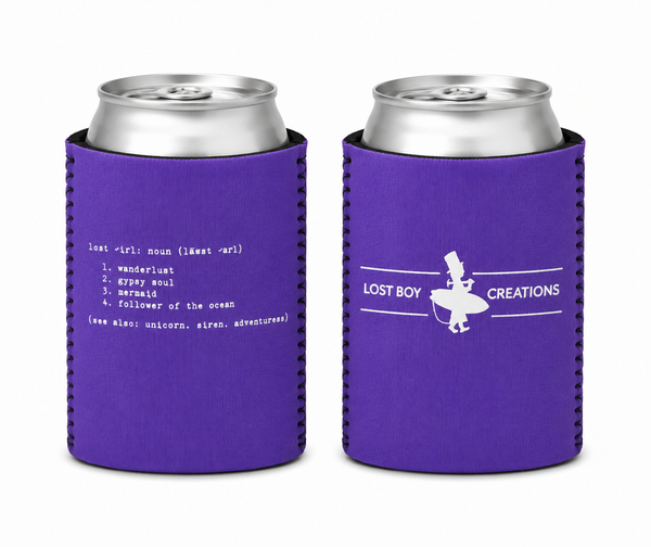 Lost Boy Koozie - Lost Girl Noun in Purple — front and back flat lay, white Lost Girl Noun dictionary definition and Lost Boy Creations surfer logo | Lost Boy Creations Key West
