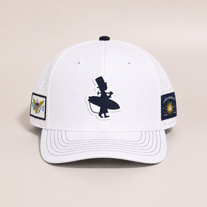 LBC Golf Hat in White — front flat lay, navy Lost Boy Creations rubber patch on structured white crown | Lost Boy Creations Key West