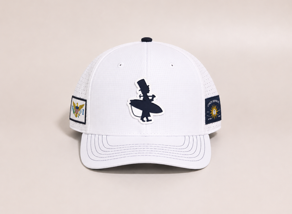 LBC Golf Hat in White — front flat lay, navy Lost Boy Creations rubber patch on structured white crown | Lost Boy Creations Key West
