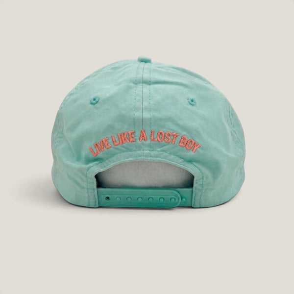 Flamingo Flats Low-Pro Hat mint low-profile snapback back view with coral "Live Like a Lost Boy" embroidery and snapback closure | Lost Boy Creations Key West