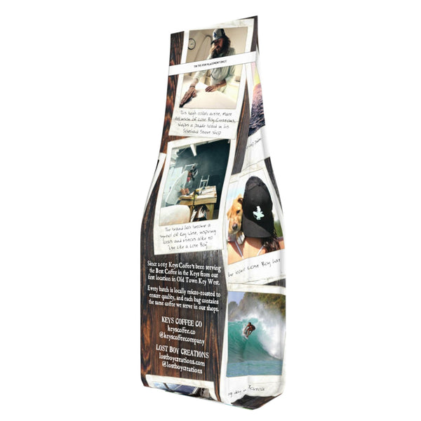  Keys Coffee Company x Lost Boy Creations collaboration coffee bag back view with product details and LBC branding | Lost Boy Creations Key West