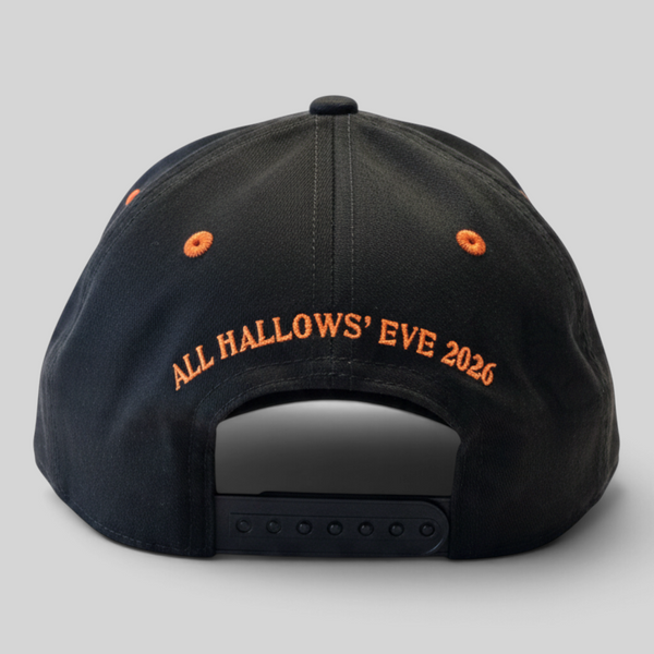 Lost Boy Creations Halloween Hat 2026 in Black — back view, orange All Hallows' Eve 2026 embroidery and adjustable snapback closure | Lost Boy Creations Key West