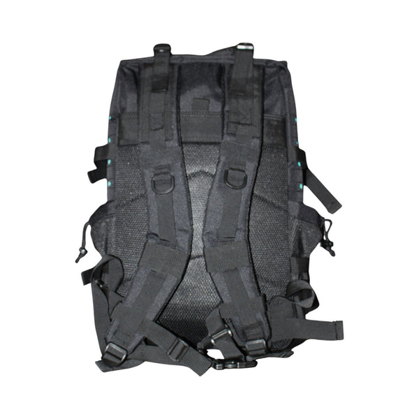 Lost Boy Creations 45L adventure backpack Black Teal colorway back view showing padded straps and back panel | Lost Boy Creations Key West
