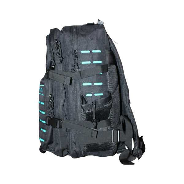 Lost Boy Creations 45L adventure backpack Black Teal colorway side view showing straps and pockets | Lost Boy Creations Key West