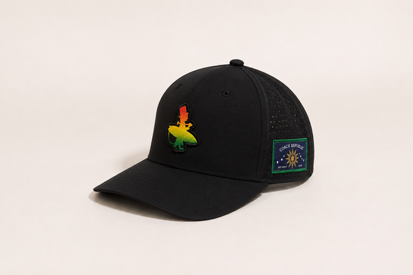 Rasta Golf Hat in Black — left angle view showing Conch Republic patch | Lost Boy Creations Key West