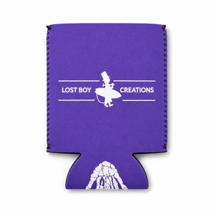 Lost Boy Koozie - Lost Girl Noun in Purple — back flat lay, white Lost Boy Creations surfer logo and wordmark | Lost Boy Creations Key West