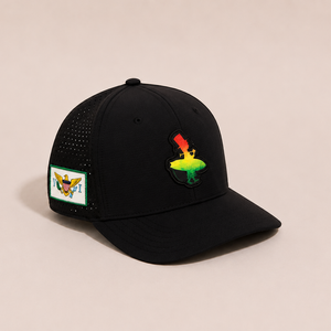 Rasta Golf Hat in Black — front view showing Rasta multicolor LBC woven patch, USVI patch on right side | Lost Boy Creations Key West