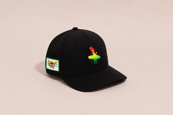 Rasta Golf Hat in Black — front view showing Rasta multicolor LBC woven patch, USVI patch on right side | Lost Boy Creations Key West